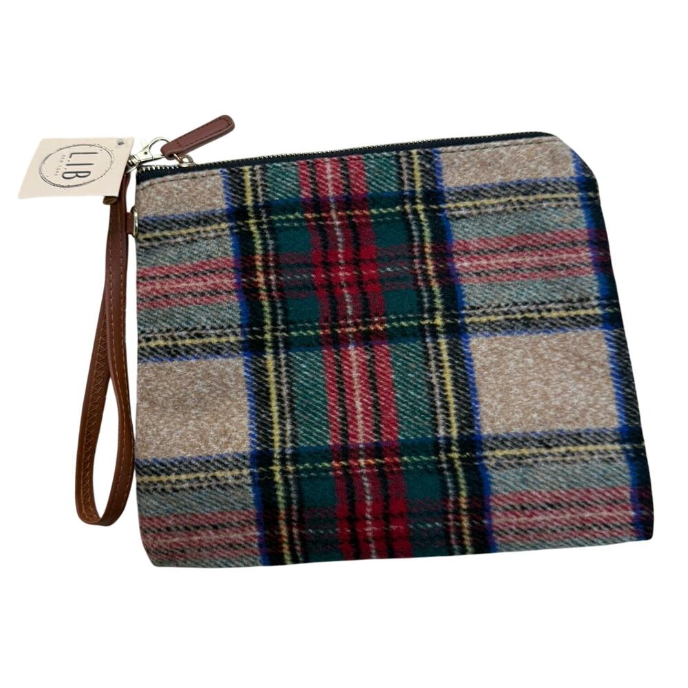 L.I.B New York Plaid Wool-Blend Zip Pouch – Red/Green/Beige